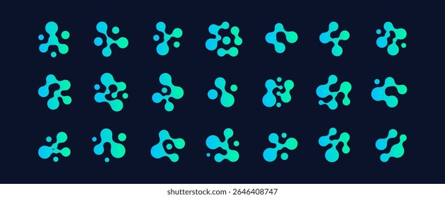 Futuristic Biotech Logos With Blue Green Gradient Molecular Shapes On Dark Background, Perfect For Science, Medical, Or Technology Branding. Vector Illustration