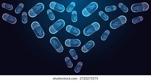 Biotecnologia futurista e conceito farmacêutico com cápsulas flutuantes de baixo-poli brilhante no fundo escuro. Padrão de vetor de néon para embalagem médica, farmácia on-line, tecnologia de medicamentos e design de saúde.