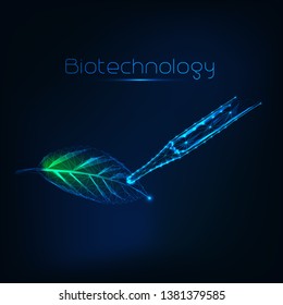 Futuristic biotechnology concept with glowing low polygonal green leaf and glass dropper on dark blue background. Sample testing, agricultural research. Wireframe design vector illustration.