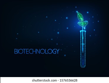 Futuristic biotechnology concept with glowing low polygonal green plant sprout in test tube on dark blue background. 