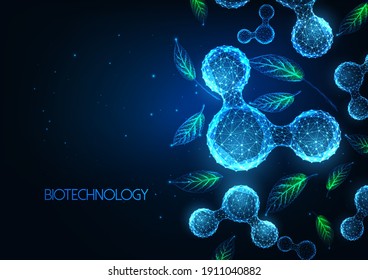 Futuristic biotechnology, green chemistry science banner concept with glowing low polygonal water molecules and green leaves on dark blue background. Modern wireframe mesh design vector illustration.