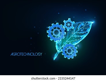 Futuristic biotechnology, sustainable technologies concept with glowing green lead and cog gears