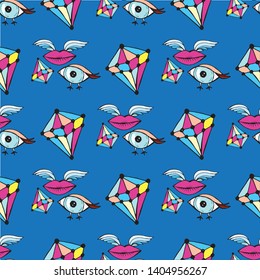 futuristic bird eye and lip pattern with wings and stones and different colors on blue