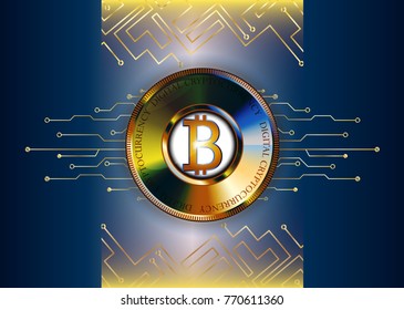 Futuristic bitcoin background illustration. Lines and coin. Golden bitcoin currency. Web banner. Cryptocurrency. Vector