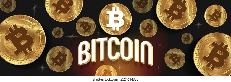 Futuristic Bitcoin BTC cryptocurrency vector banner with golden currency coins technology background vector. 