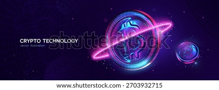 Futuristic Bitcoin Crypto Design With Neon Light Effects. Digital Cryptocurrency Concept. Abstract Crypto Currency on Dark Blue Background. 3d Vector Illustration.