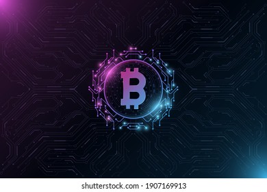 Futuristic Bitcoin digital currency. Big CPU data. Concept of cryptocurrency mining. Hi-tech design blockchain for graphic design. Computer circuit board pattern. Vector illustration. EPS 10.