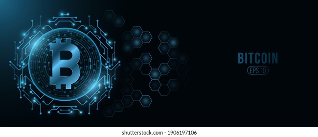 Futuristic Bitcoin digital currency. Computer CPU. Concept of cryptocurrency mining. Hexagon pattern. Hi-tech design blockchain for graphic design. Vector illustration. EPS 10.