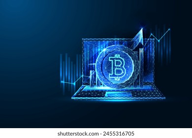 Futuristic Bitcoin ETF concept with growth chart, laptop, and cryptocurrency symbols on dark blue background. Digital finance innovation. Glowing polygonal style. Abstract design vector illustration