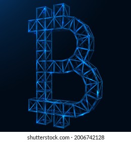 Futuristisches Bitcoin-Symbol in Form einer Baustruktur. Low-Polygonal-Kopplung von Linien und Punkten. Blauer Hintergrund. 