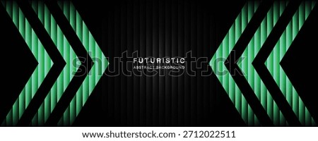 Futuristic black abstract background with neon green 3D arrows and stripes. Minimalist technology, digital data, speed, and direction concept wallpaper. Ideal for banner, header, or presentation