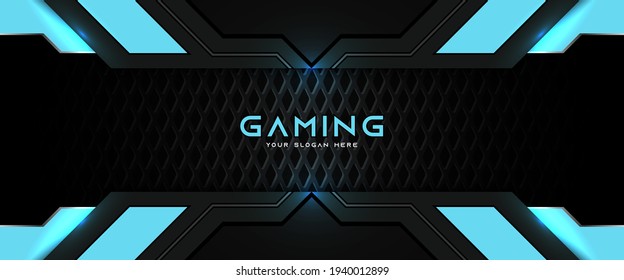 Futuristic black and blue gaming banner design template with metal technology concept. Vector illustration for business corporate promotion, game header social media, live streaming background