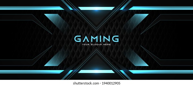 Futuristic black and blue gaming banner design template with metal technology concept. Vector illustration for business corporate promotion, game header social media, live streaming background