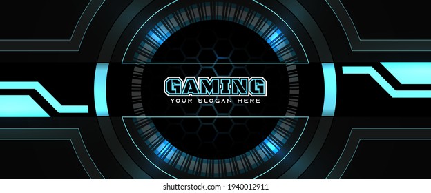 Futuristic black and blue gaming banner design template with metal technology concept. Vector illustration for business corporate promotion, game header social media, live streaming background