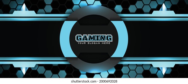 Futuristic black and blue gaming banner design template with metal technology concept. Vector illustration for business corporate promotion, game header social media, live streaming background