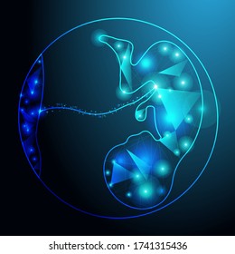 Futuristic black and blue glowing child with placenta in uterus