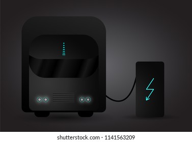 Futuristic black electric semi trailer truck with trailer in modern design with neon lights. Charging at the charger station. Front view. Vector illustration.