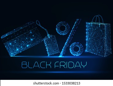 Futuristic black Friday sale concept with glowing low polygonal paper shopping bag, price tag, percentage sign and credit card on dark blue background. Modern wire frame design vector illustration.