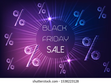 Futuristic Black Friday sale promotion concept with glowing percentage signs, starburst and text on dark blue to purple gradient background. Modern wire frame mesh design vector illustration.