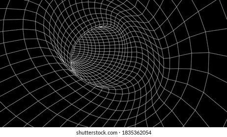 Embudo negro futurista. Túnel de viaje de espacio con marco de cables. Agujero de gusano abstracto con verruga superficial. Ilustración vectorial.