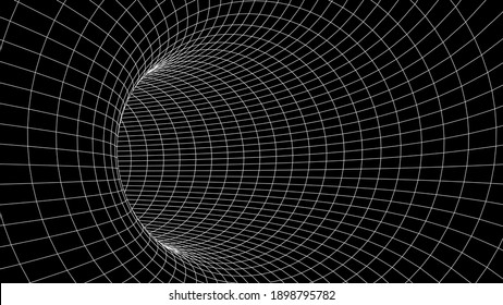 Futuristic Black Funnel. Wireframe Space Travel Tunnel. Abstract Blue Wormhole With Surface Warp. Vector Illustration.