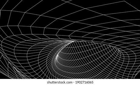 Futuristic black funnel. Wireframe space travel tunnel. Abstract blue wormhole with surface warp. Vector illustration.