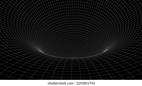 Futuristic black funnel. Wireframe space travel tunnel. Abstract blue wormhole with surface warp. Vector illustration.