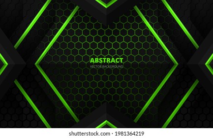 Futuristic black and green abstract gaming banner design template with hexagon carbon fiber. Dark tech hexagonal concept vector background for game banner and cyber sport poster.