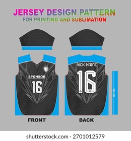 Diseño futurista de jersey negro y azul claro para sublimación. Presenta paneles geométricos, textura de panal y espacio para el número de patrocinador (16). Una Plantilla de Vector dinámica para ropa deportiva eSports.
