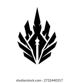 Futuristic black logo icon, sharp angular crest, abstract tribal flame design, modern emblem for gaming or technology, vector illustration.