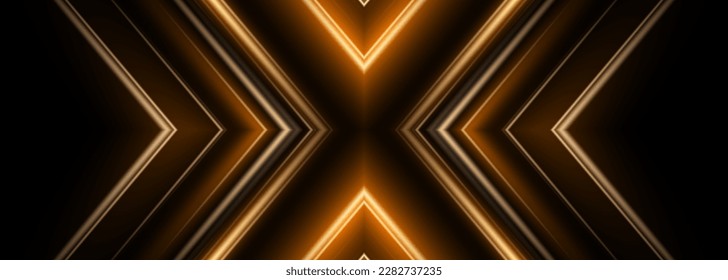 Futuristic black and orange abstract gaming banner with arrow shapes. Vector illustration