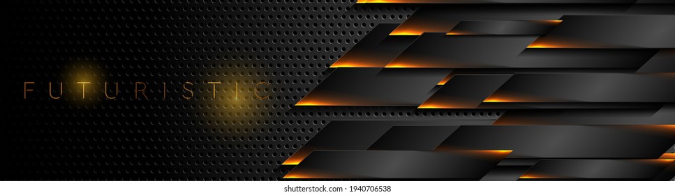 Futuristic black perforated technology background with orange neon lines. Glowing vector banner design