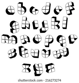 Futuristic black and white 3d font made with blocks, single color simple shaped letters alphabet, best for use in web design and advertising, for use in headlines, elegant symbols with good style.