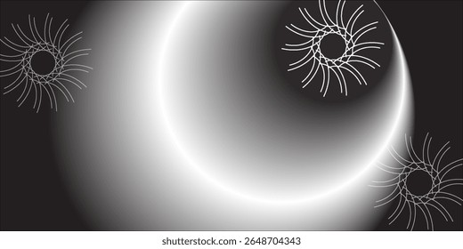 Un fondo abstracto futurista en blanco y negro con luz creciente brillante y patrones geométricos en espiral.