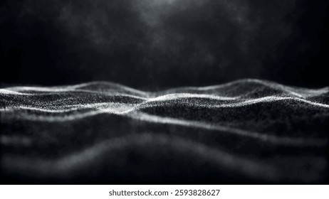 Futuristic black and white dot wave. Abstract digital particle wave. Technological background. Dark background. Digital background with smooth wavy curves. 3D Vector illustration