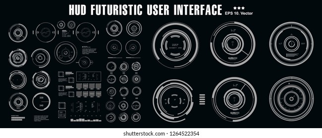 Futuristic black and white HUD, virtual touch user interface in flat design virtual reality technology screen, target