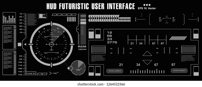 Futuristic black and white HUD, virtual touch user interface in flat design virtual reality technology screen, target