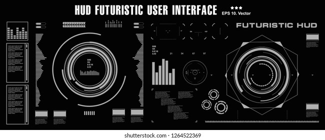 Futuristic black and white HUD, virtual touch user interface in flat design virtual reality technology screen, target