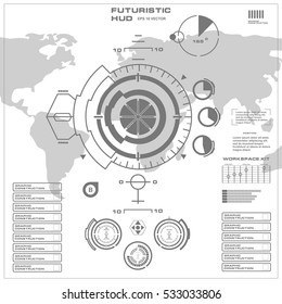Futuristic black and white HUD, virtual touch user interface in flat design