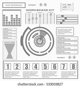 Futuristic black and white HUD, virtual touch user interface in flat design