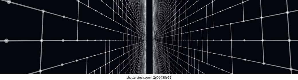 Futuristic black and white perspective grid. Abstract wireframe with white grid on black background. Virtual landscape in digital style of 80s 90s. Simple perspective grid for design. 3D vector illust