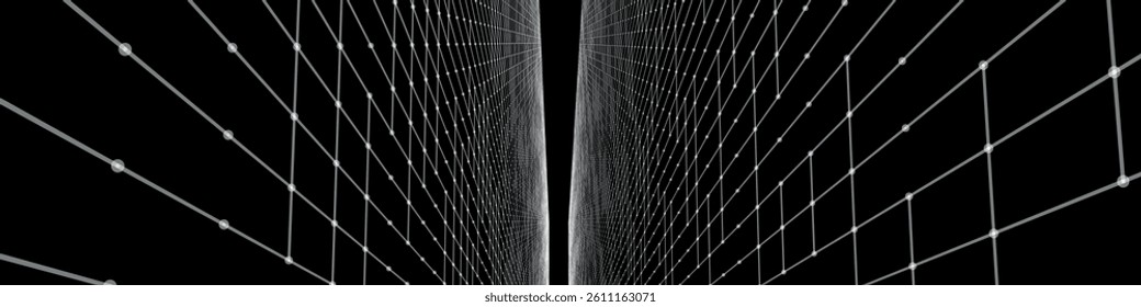 Futuristic black and white perspective grid. Abstract wireframe with white grid on black background. Virtual landscape in digital style of 80s 90s. Simple perspective grid for design. 3D vector illust