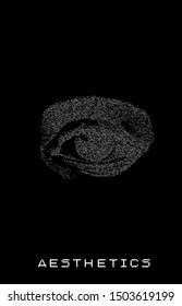 Futuristic black and white poster, generative art of human eye made of dots, particles.