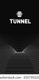 Futuristic black and white tunnel with concentric hexagonal lines creating an optical illusion of depth and motion.