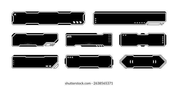 Futuristic black and white user interface design elements for a heads up display. Modern gaming overlays and holographic interface components. Vector graphics. 