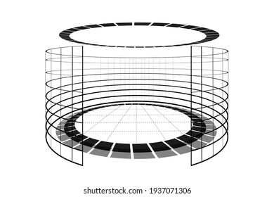 Futuristic black and white virtual reality arena. Abstract circle sci-fi elements cyberspace portal. VR cylinder platform podium. Teleport digital pedestal. Base stand template vector illustration