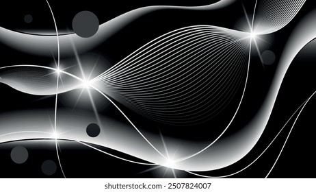 Futuristic black and white wallpaper. Flashes of light, intertwining wavy lines, circles on the background of overlapping abstract shapes and stripes. Vector.