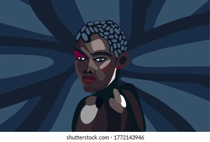 futuristic black woman looking back, digital painting, vector illustration
