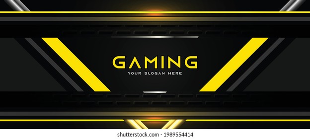 Futuristic black and yellow gaming banner design template with metal technology concept. Vector illustration for business corporate promotion, game header social media, live streaming background
