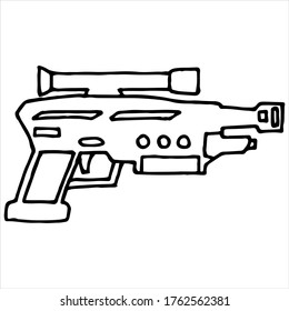 Futuristic blaster pistol with optical sight in doodle style. Coloring for children.